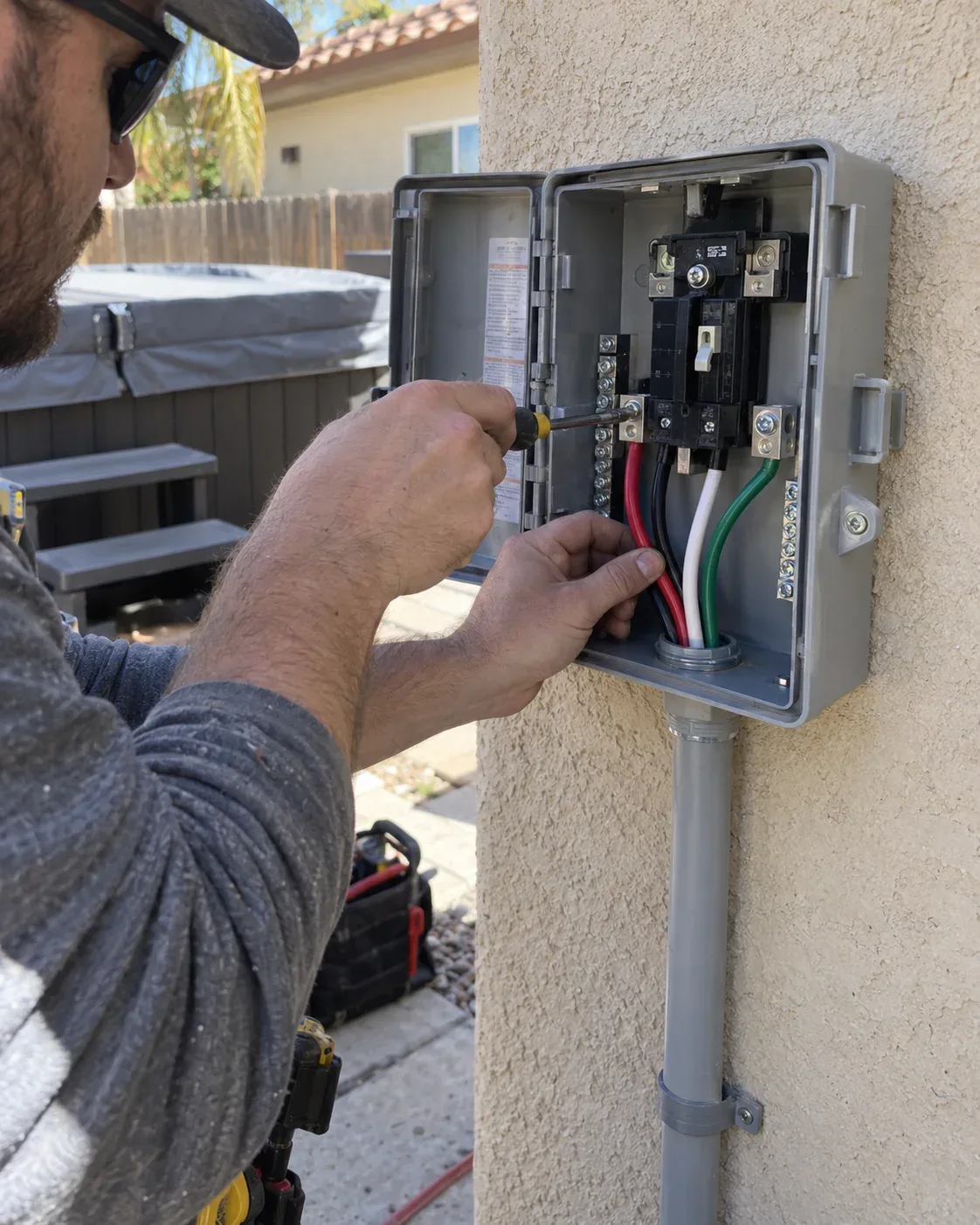 Electrician checking electrical panel capacity for a hot tub installation in Milton