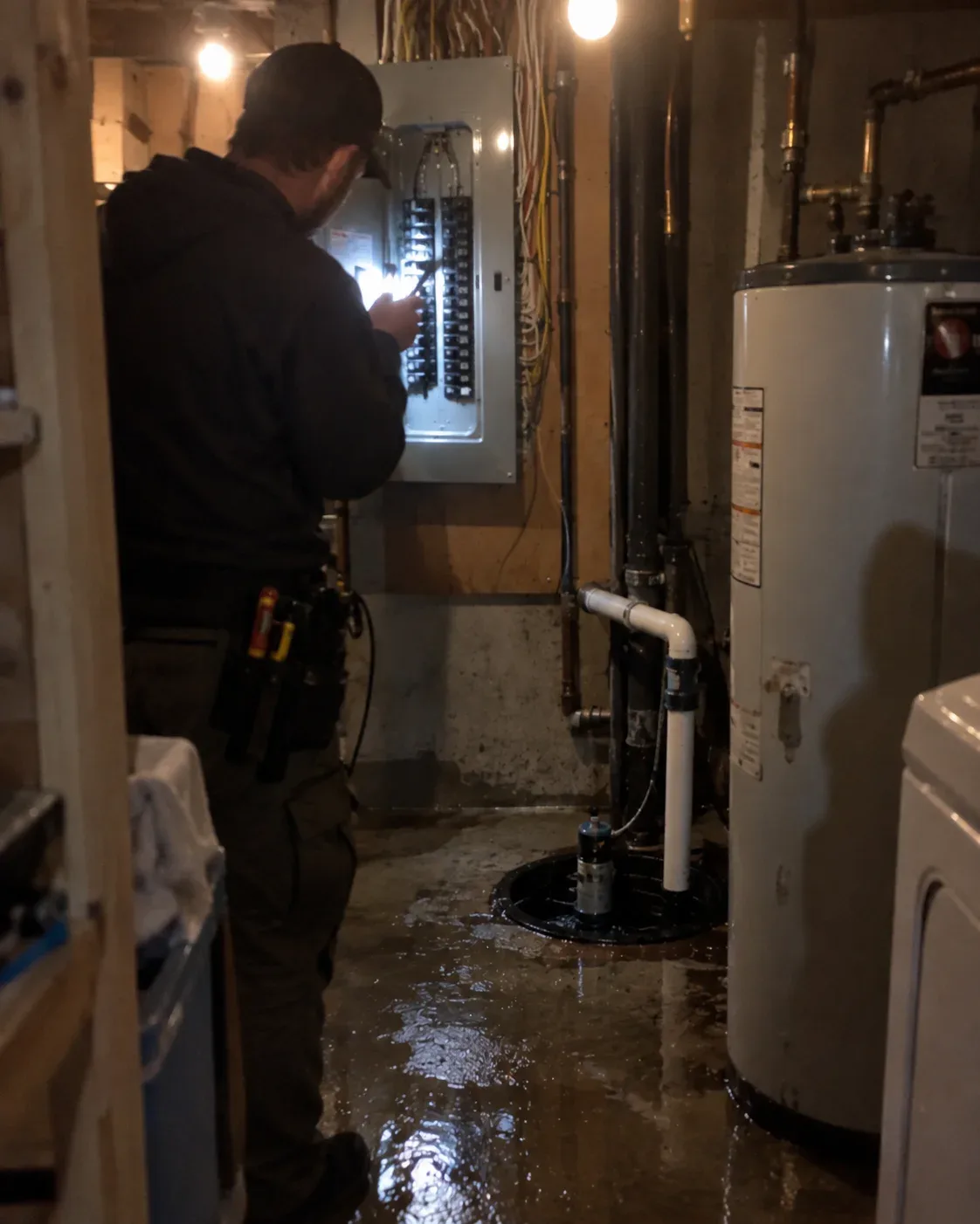 A professional electrician inspecting an open electrical breaker panel in a wet residential basement utility room next to a water heater in Milton, Ontario.
