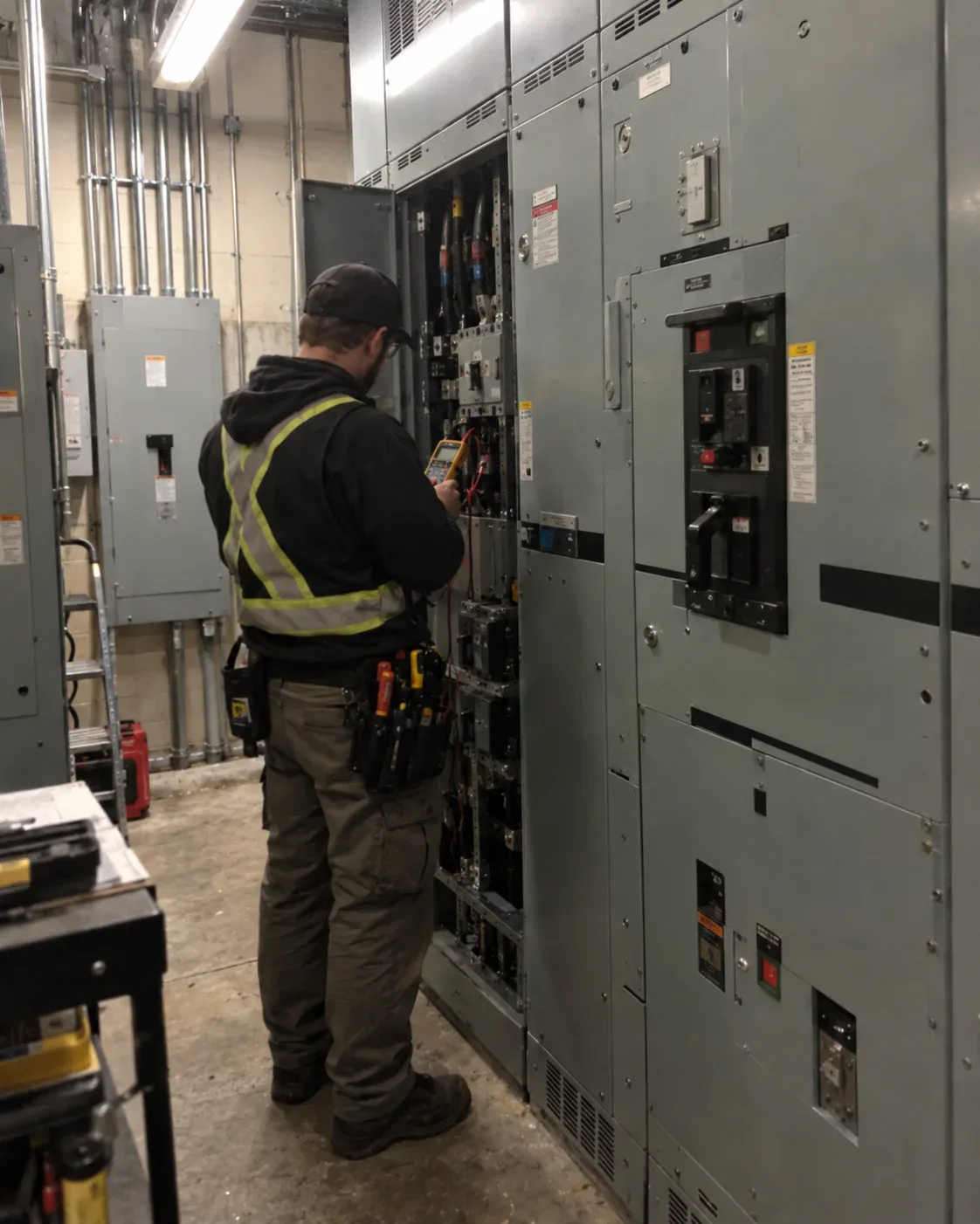 A commercial electrician in a safety vest using a multimeter to test a large electrical switchgear panel in a Milton commercial facility.