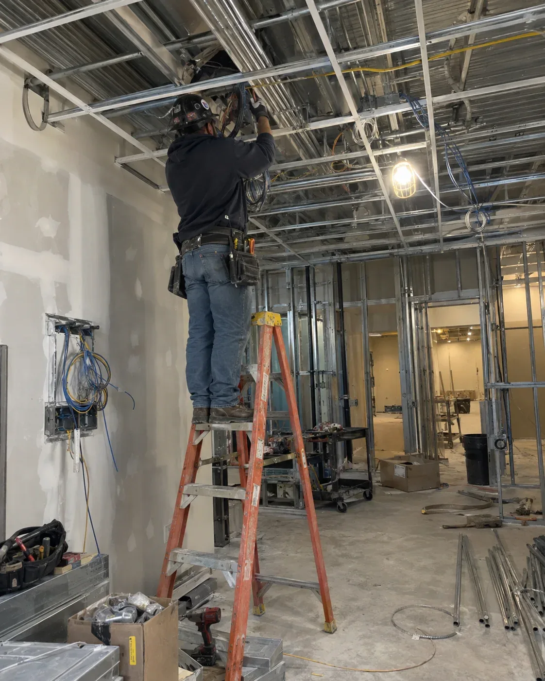 A commercial electrician standing on a ladder installing wiring in the exposed ceiling grid of an unfinished commercial renovation project in Milton, Ontario.